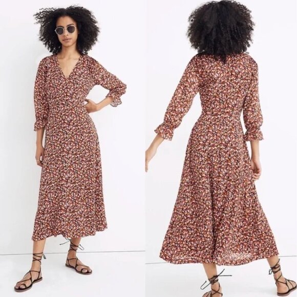 Madewell Dresses & Skirts - MADEWELL Long-Sleeve Crossover Midi Dress Clipdot Spring Prairie Floral Twee 6